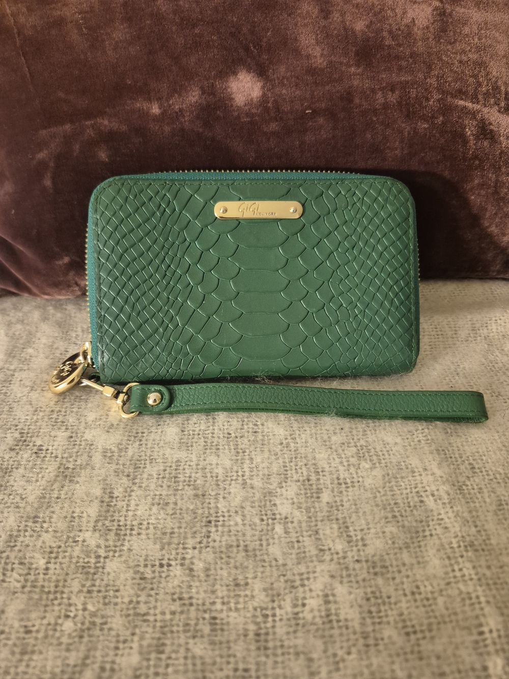 GiGi New York Green Embossed Wristlet Wallet with Gold Hardware